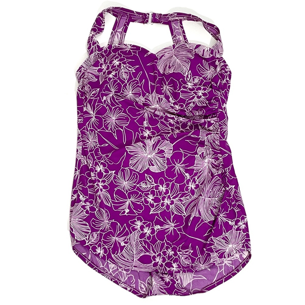 Swim 365 • purple hibiscus retro one piece with skirt overlay • 14W